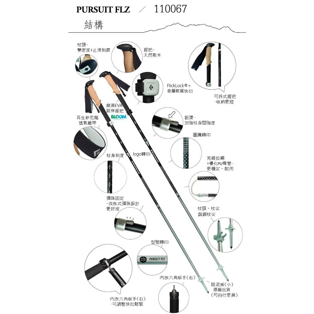 【Black Diamond】110067 鋁合金登山杖 黑/泡沫綠