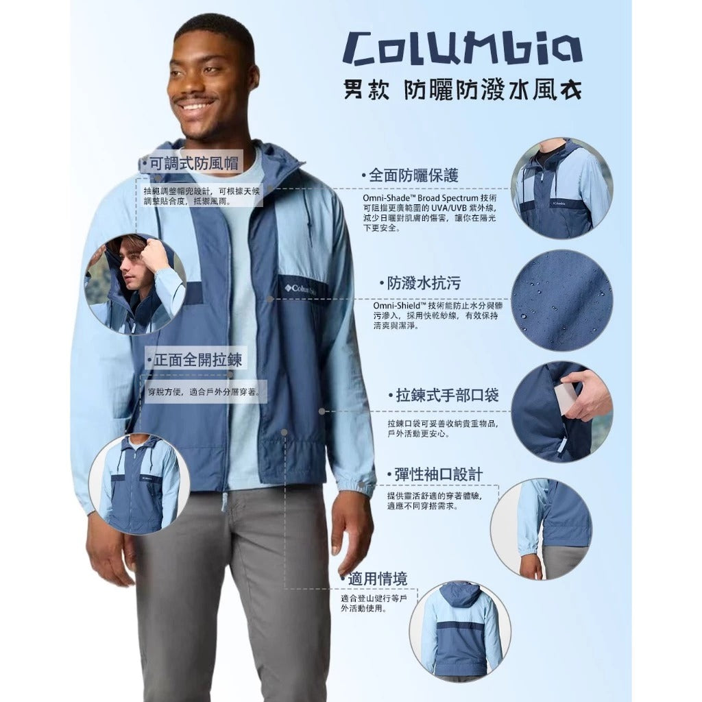 【Columbia】UWE73210 男款 防風防潑水外套 海洋藍